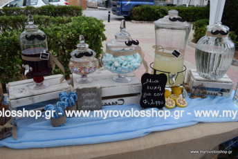 Θέμα Μουστάκι, αγια Αικατερίνη στο Ίλιον, Στήσιμο Τέντας με Τραπέζι Βιβλίου Ευχών με Κεράσματα και Γλυκά - Candy Bar, μαζί με Λεμονάδα - Βυσσινάδα και Νερό, σε συνδιασμό με την παρουσίαση των μπομπονιέρων, οργάνωση και διακόσμηση βάπτισης ΜΥΡΟΒΟΛΟΣ στην Αγία Αικατερίνη στο Ίλιον