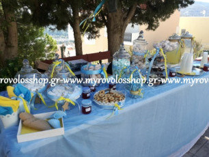 Candy Bar and Lemonade Bar, Τραπέζι Βιβλίου Ευχών, Παρουσίαση Μπομπονιέρων Βάπτισης, κεράσματα και γλυκά βάπτισης, Οργάνωση από το κατάστημά μας ΜΥΡΟΒΟΛΟΣ, εκκλησία Άγιος Γεώργιος στο Δάσος Χαιδαρίου